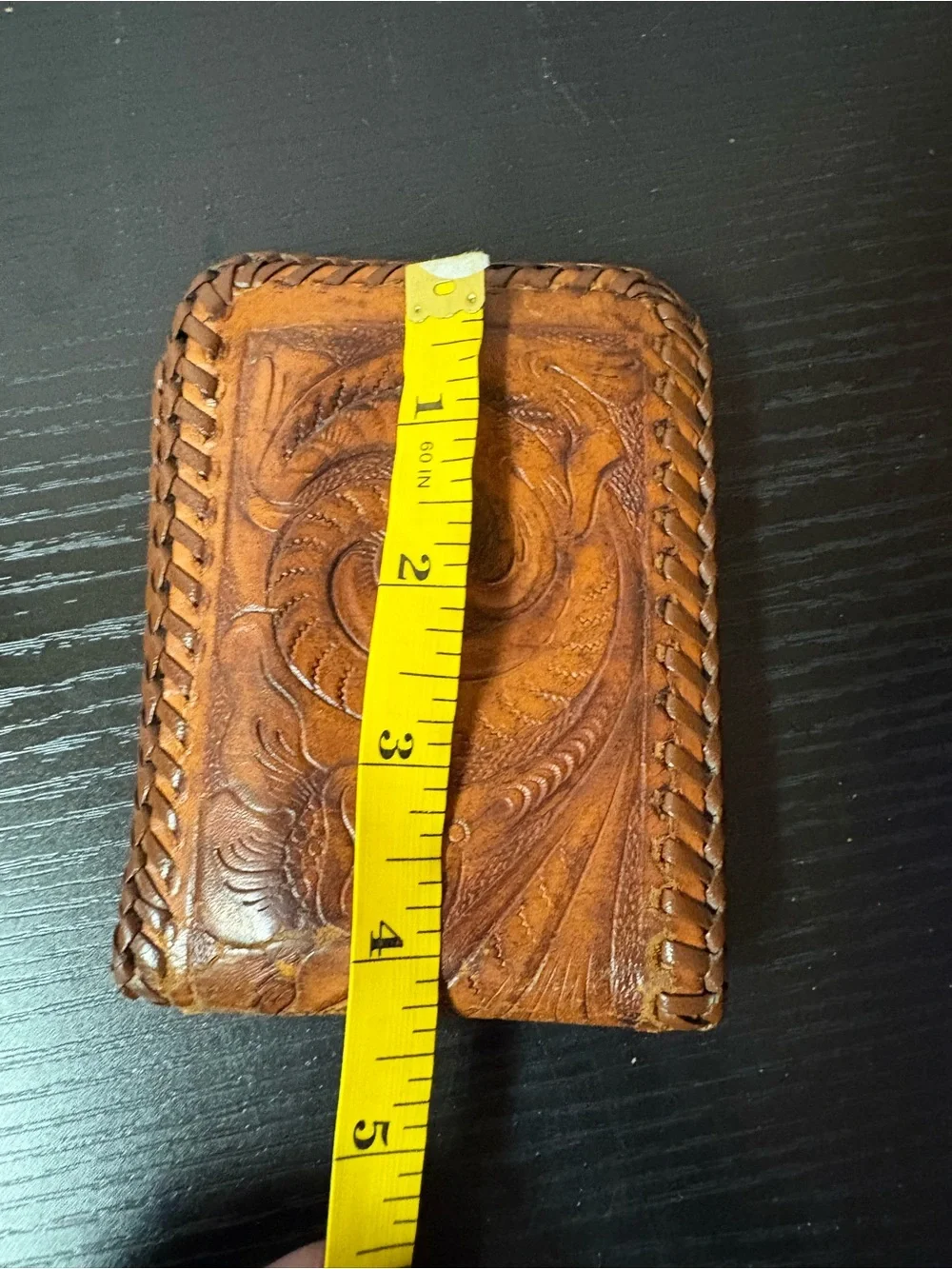 Hand Tooled Brown Leather Bifold Wallet Floral Western Braided Edge